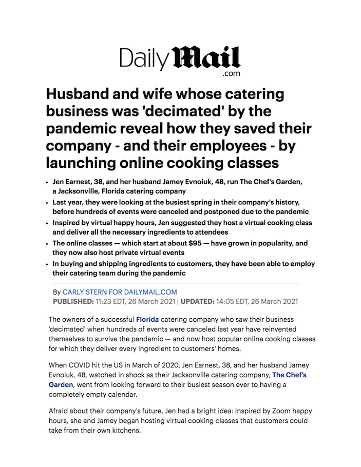 Husband and wife whose catering business was 'decimated' by the pandemic reveal how they saved their company - and their employees - by launching online cooking classes
Featured Brands include:Jen and Jamey's Virtual Cooking Classes

Read More